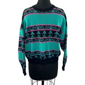 VINTAGE Demetre Green Wool Black Sweater Mens Geometric Knit Crew Sz Large VTG